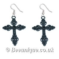 Ornate Black Cross Earrings